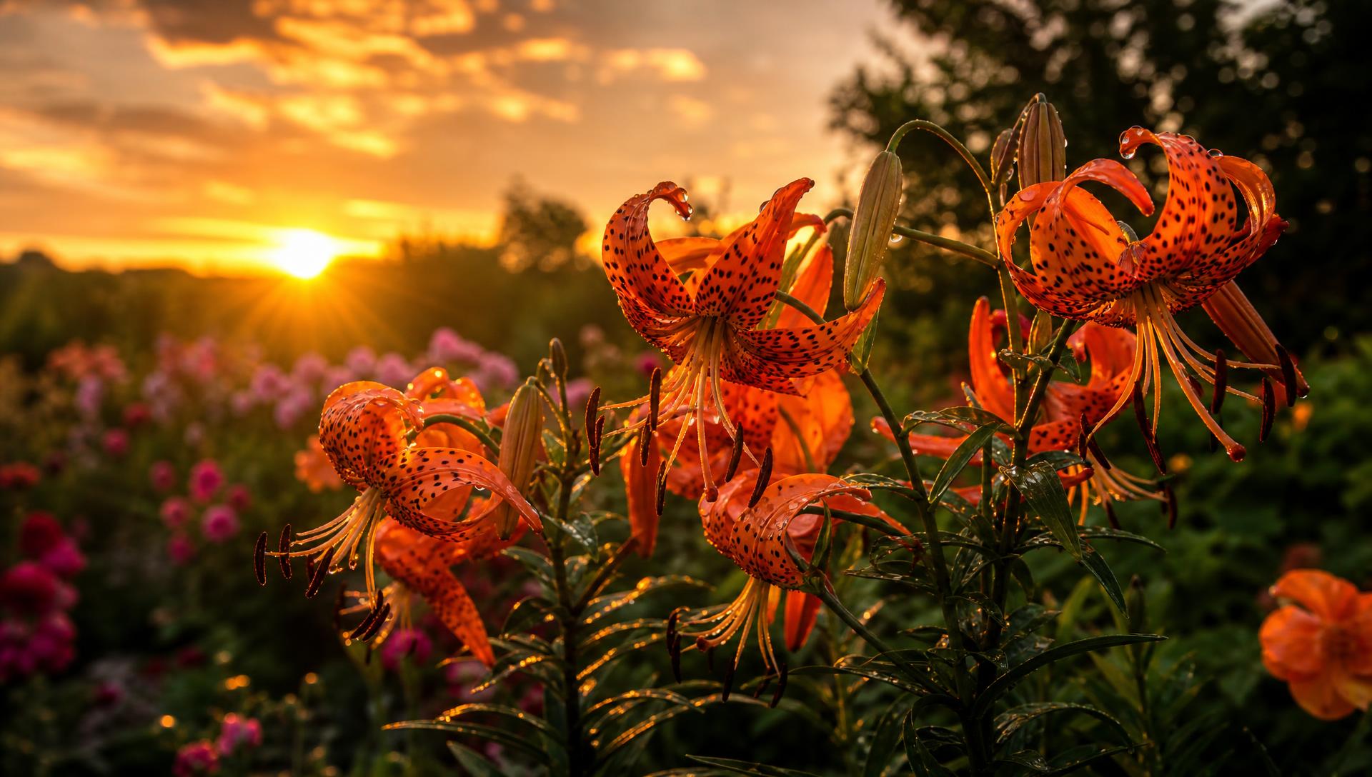 Blooming orange tiger lilies in a garden at golden sunset