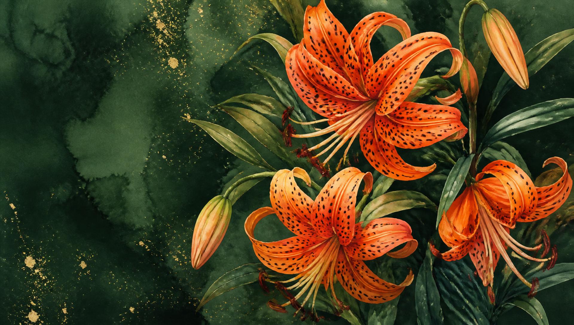 Watercolour tiger lilies on a deep green background